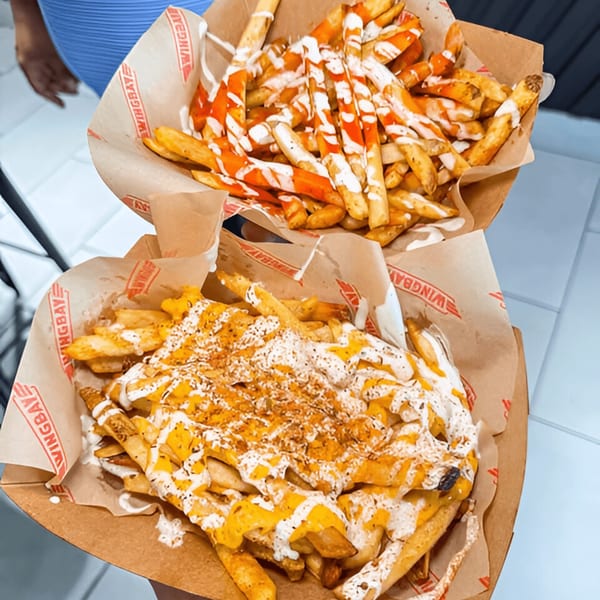 Two Wingbay fries, one with ketchup and ranch, the other with cheese sauce and seasoning.